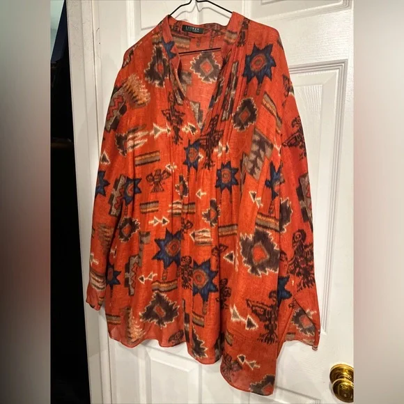 Ralph Lauren Womens Rust Southwest Popover Pleated Blouse L/s Ck Measurements - Picture 1 of 10